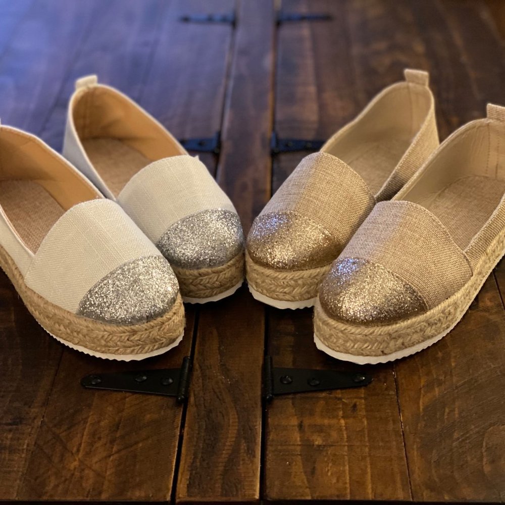 2 pairs SHEIN-Tan/Gold&White/SilverEspadrillesSz8W